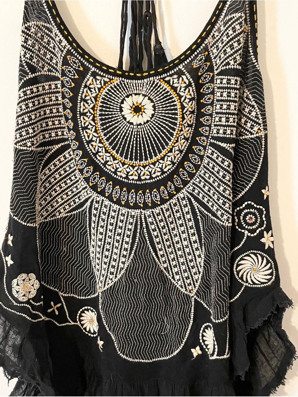 Free People Black Embroidered Boho Tank Top With Tassels Size Large - Picture 2 of 4